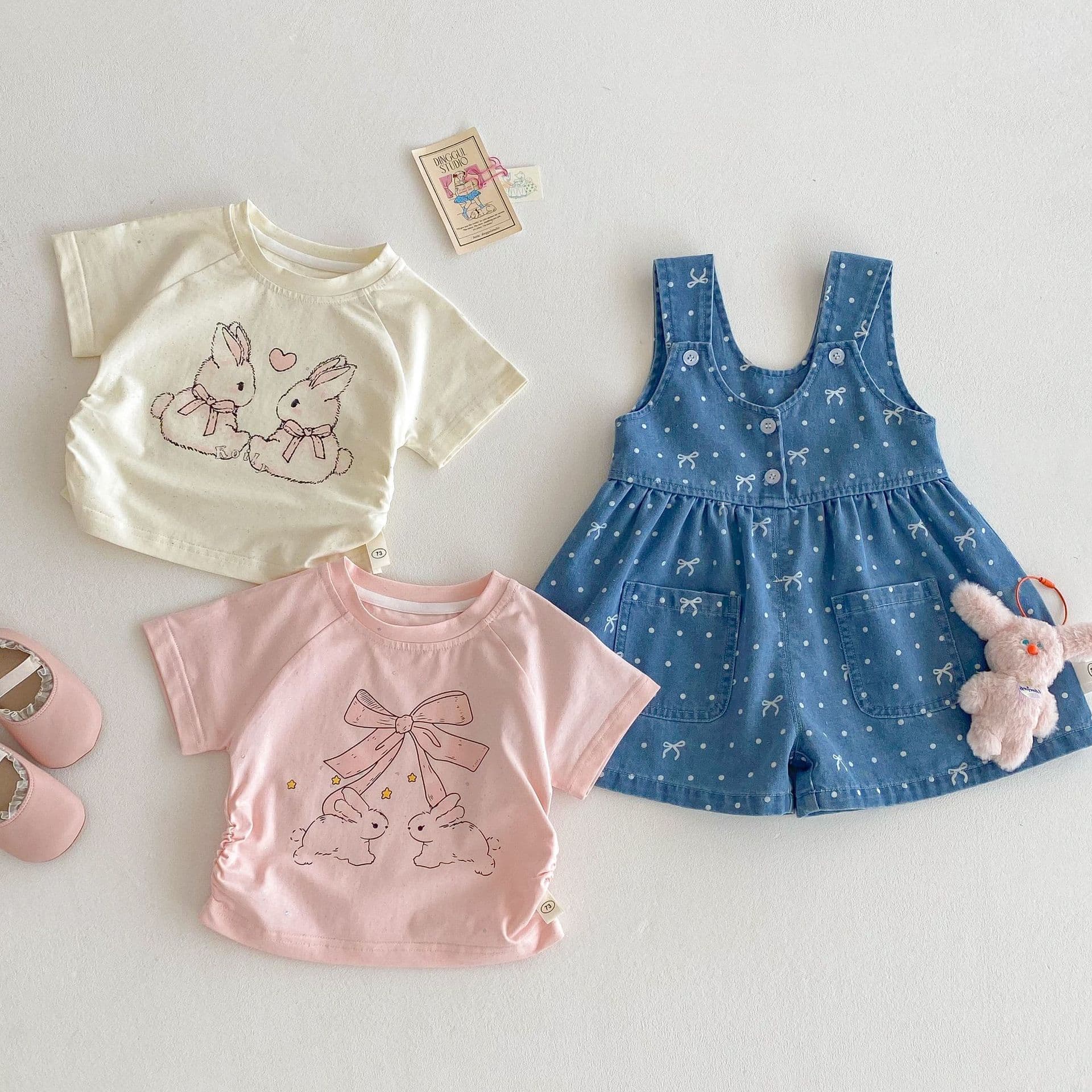 Girls' Bow T-shirt 2025 New Summer Baby Cartoon Drawstring Top Children's Fashion Denim Overalls