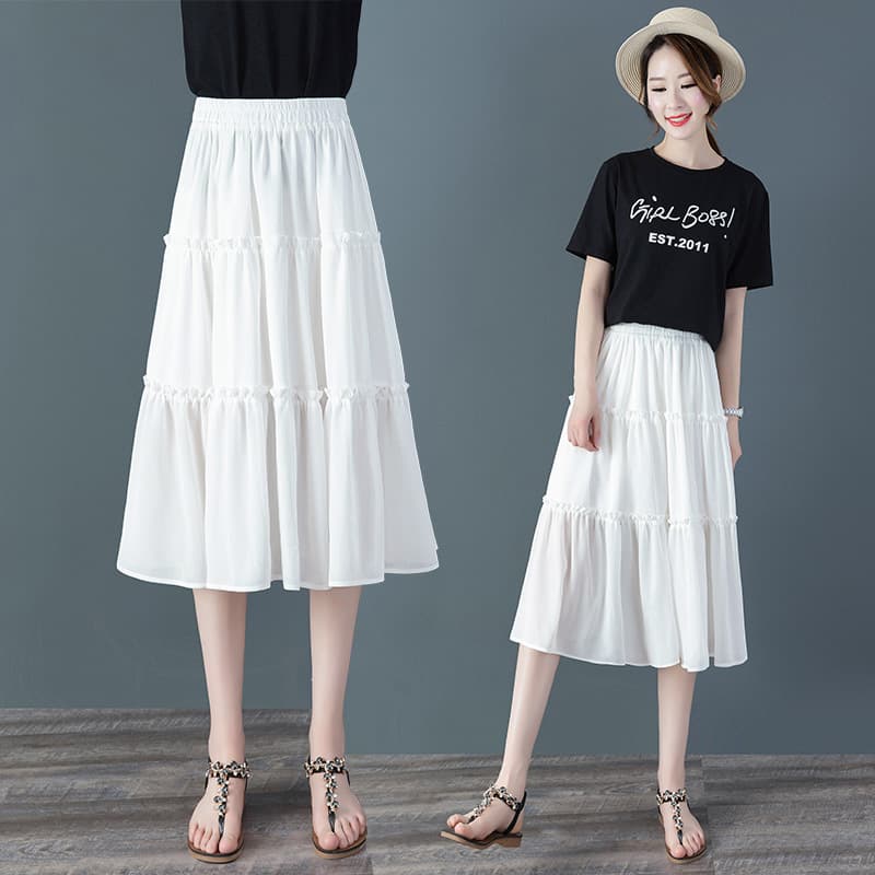 Chiffon Black Skirt for Women 2025 Summer New Pleated Midi Cake Skirt Slimming High Waist Short Skirt