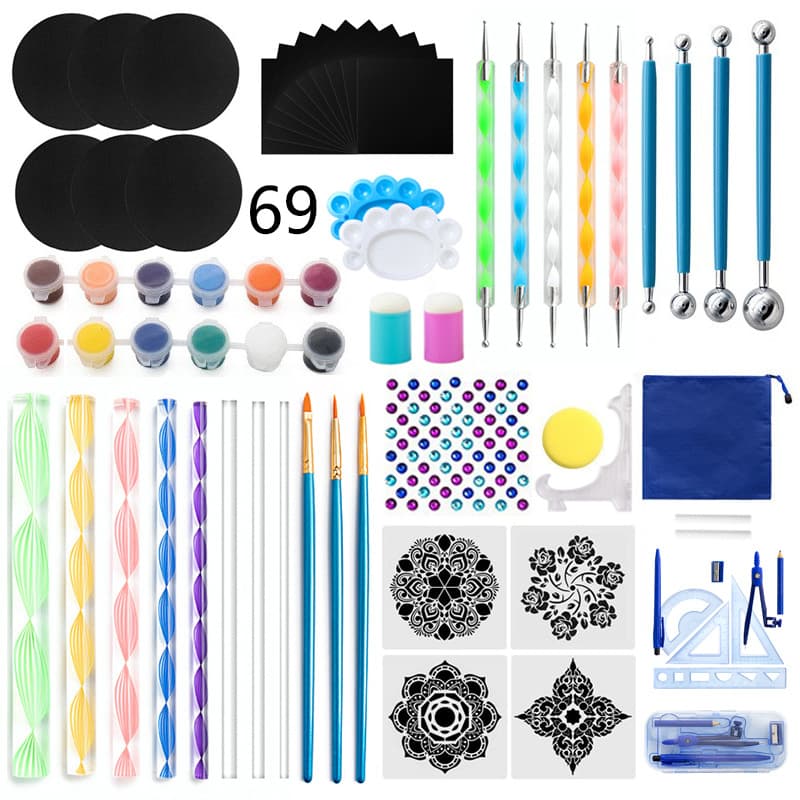 Cross-border Mandala Tool 69-Piece Set with Finger Cots, Stencil Drawing Templates, Easel Cardstock, and Liner Pens