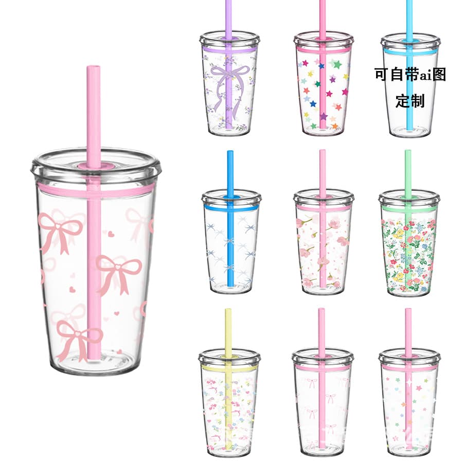 New summer office cartoon milk tea cup with straw, portable handle sports water cup, high-looking straw cup