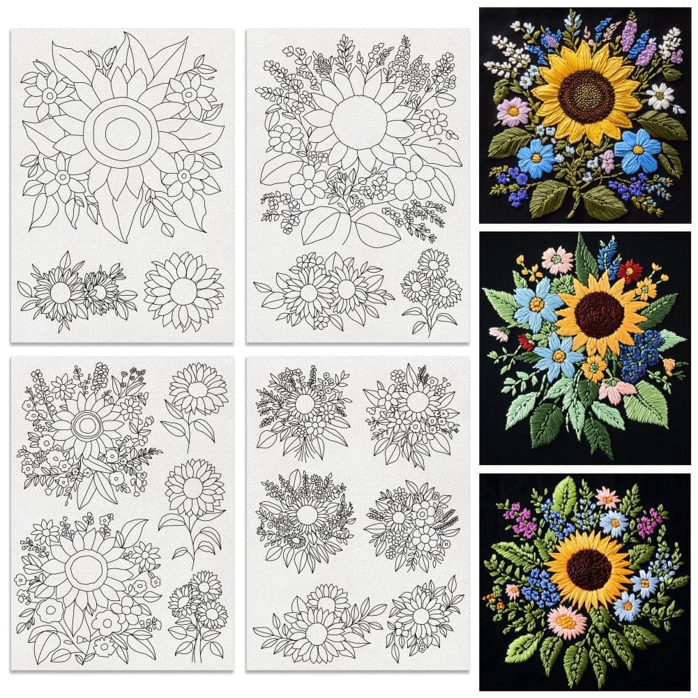 Sunflower bouquet embroidery, self-adhesive paper backing, water-soluble embroidery, includes 9 embroidery stitch videos.