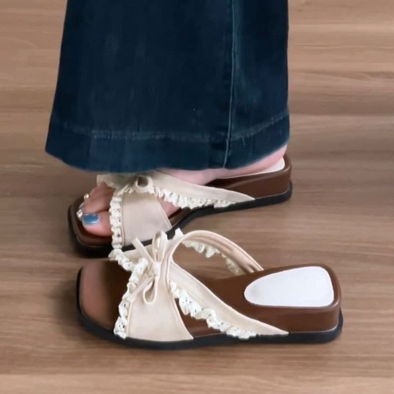 Lace Floral Cross Butterfly Knot Wedge Slide Sandals for Women 2026 Summer Thick Sole Casual Slippers for Dresses