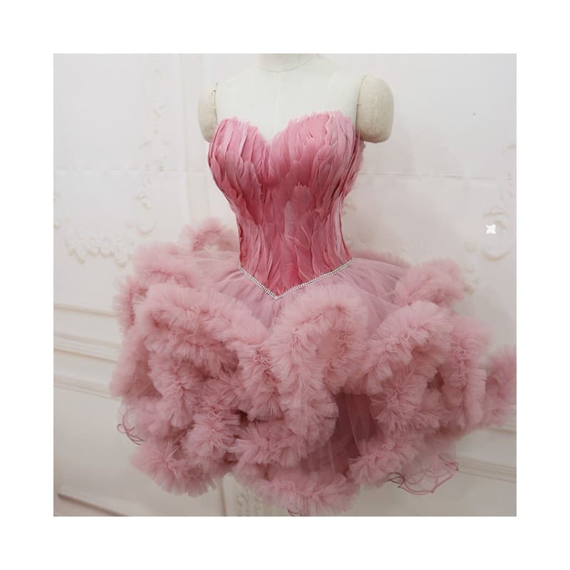 Petite Fashion Slim Evening Dress Short Bridesmaid Dress Feather Birthday Party Annual Meeting Host Catwalk Puffy Dress
