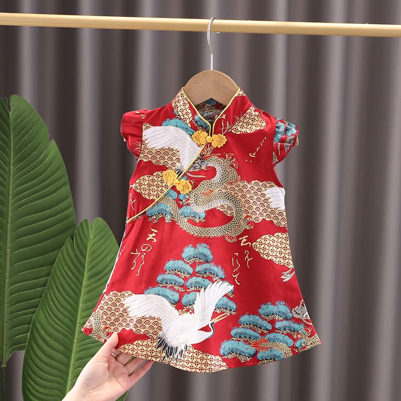 Girls' Cheongsam 2026 Spring-Summer Children's Cotton Linen Vintage Dress Baby Chinese Style Modified Hanfu Floral Skirt