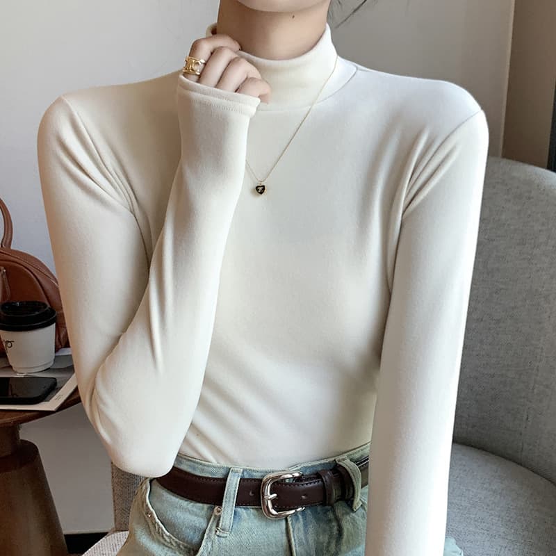 H319 New Round Neck Half-Turtleneck Velvet Base Layer for Women, Winter/Autumn Style, Thickened Black and White Mid-Neck Warm Top