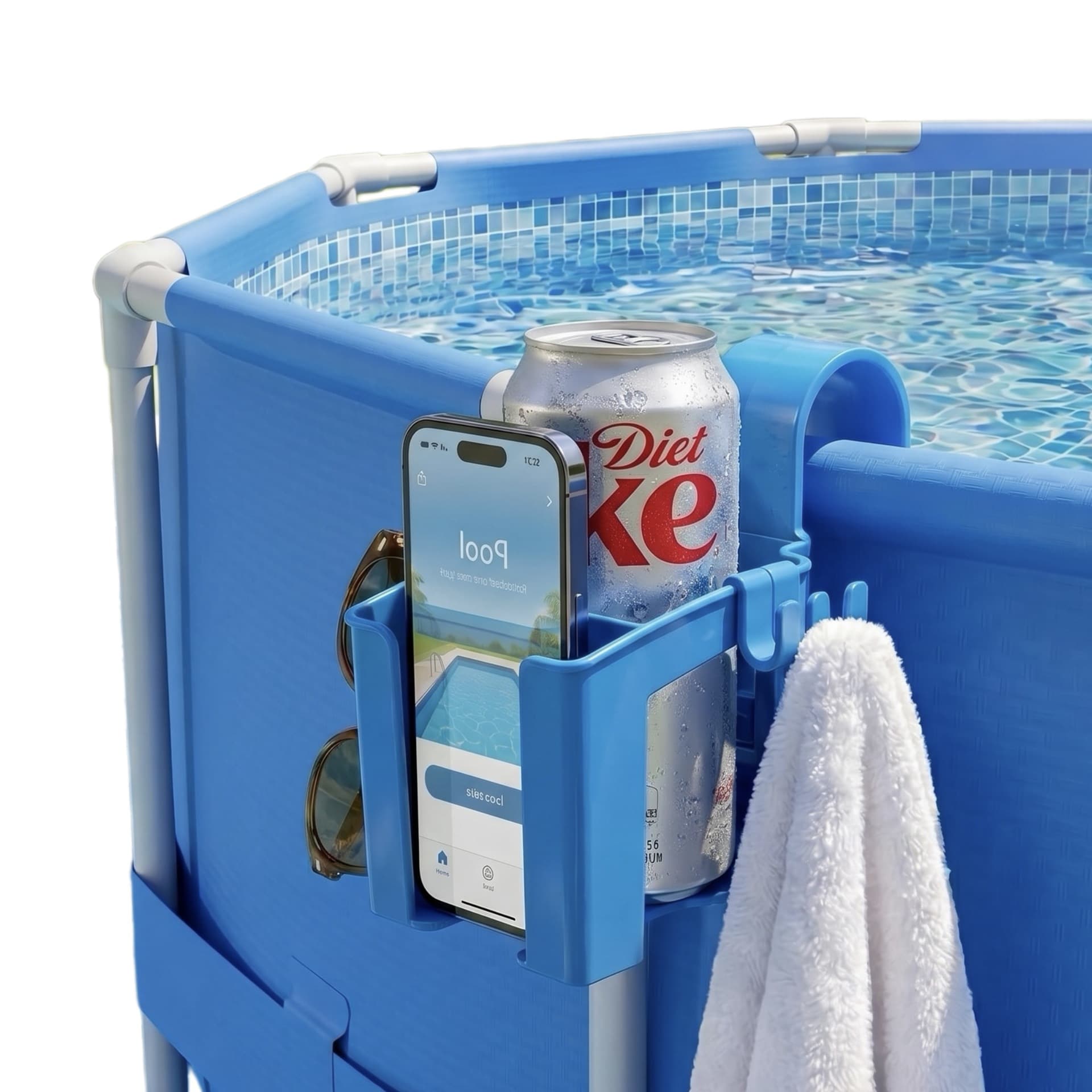 Upgraded Multi-Function Poolside Shelf, Home Pool Cup Holder, Pool Cup Phone Towel Rack