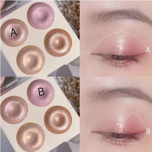 Active four-color baked powder highlight palette, glittery powder, sparkling eye shadow, crushed diamonds, shimmering ginger highlighter powder for delicate makeup