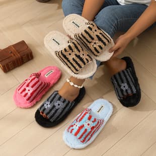 Cross-Border Amazon New Striped Embroidered Cotton Slippers Women's Ins Fuzzy Slippers, Warm Home Plush Slippers