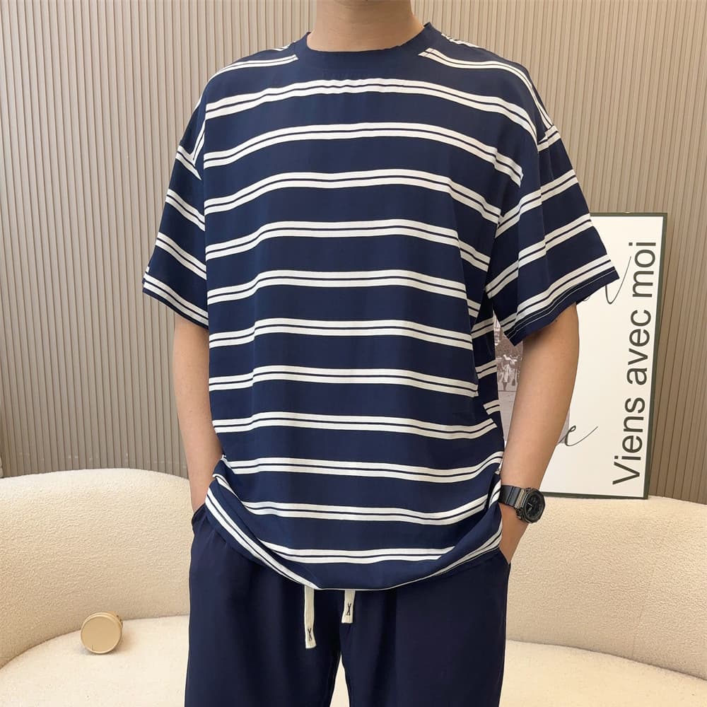 Cotton Silk Short Sleeve Striped T-Shirt for Men, Pullover Summer Thin Loose Rayon Plus Size Casual Versatile Top