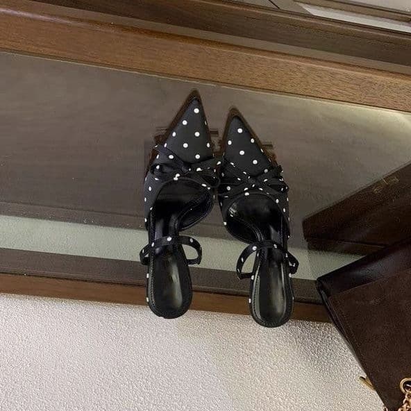White Polka Dot Bow Pointed Toe High Heels Women's 2026 Spring Summer New Versatile Backless Sandals Women's Elegant Shoes