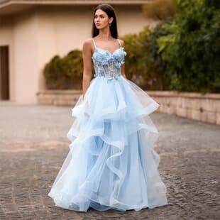 Vocal Art Exam Light Blue Strapless Dress with 3D Flowers, Boned Waist, Multi-Layer Ruffled Tulle Stage Solo Performance
