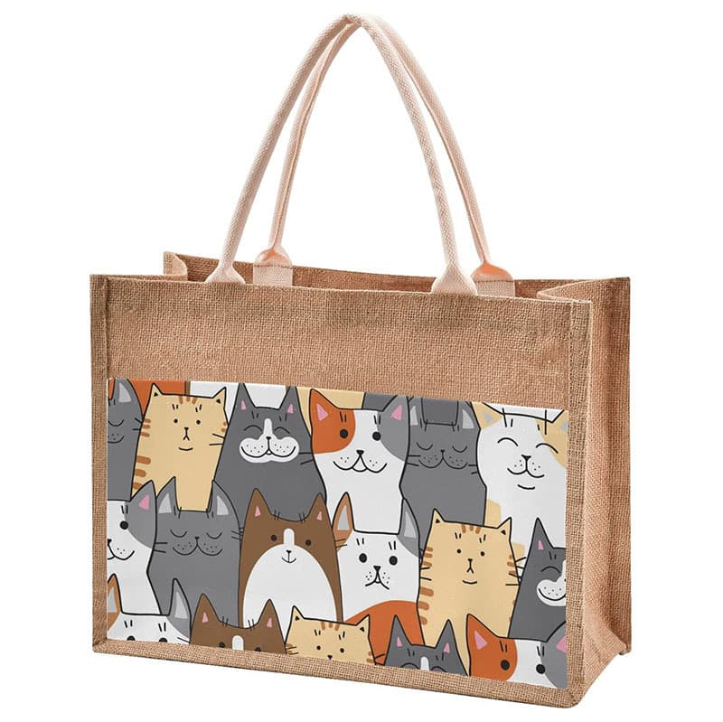 Custom-patterned logo-printed linen canvas tote bag, 3D jute laminated shopping bag wholesale.