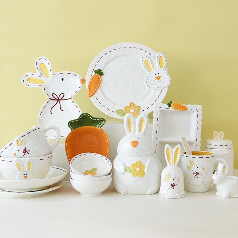Cute Cartoon Rabbit Bowl and Plate Set, Home Vegetable Plate, Embossed Western Flat Plate, Breakfast Ceramic Plate