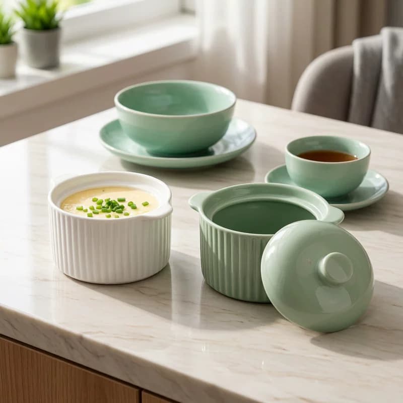 Simple Ceramic Vertical Grain Stew Pot with Lid and Double Handles, Home Steamed Egg Custard Soup Bowl, Water-Bath Stew Pot for One, Storage Jar