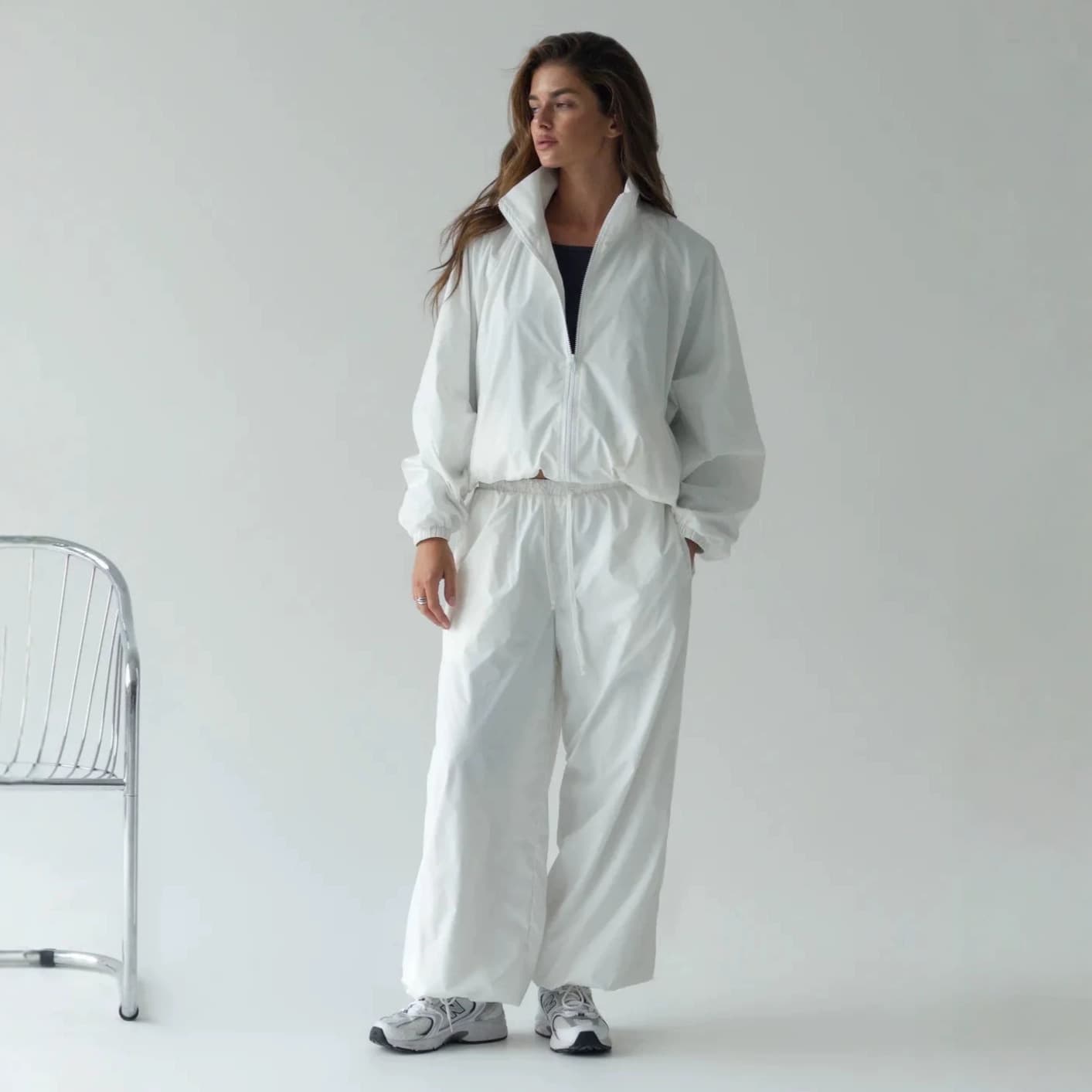 Cross-border European and American Stand Collar Zip Jacket Wide-Leg Pants Set Women High-Street Relaxed Loose Fit Sport Two-Piece Set