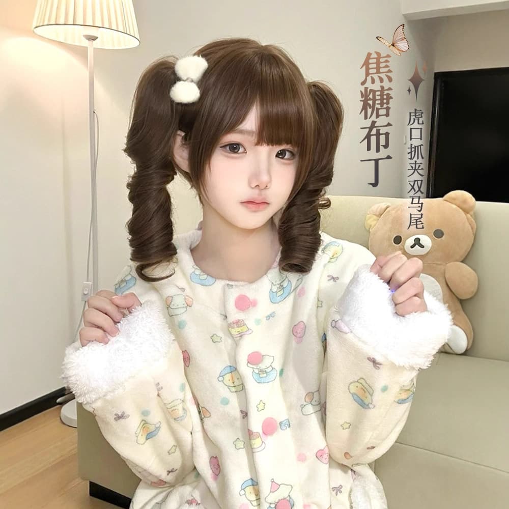 [Caramel Brulee] Wig for women with Roman rolls, double ponytails, long curly hair, high-level lolita wigs for women, full headgear