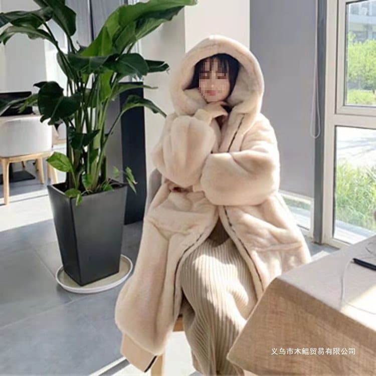 Loose Plush Coat Women's Wear Imitation Fur Coat Thick Hooded Mid-Length Cotton-Padded Autumn/Winter Style Large Size Black