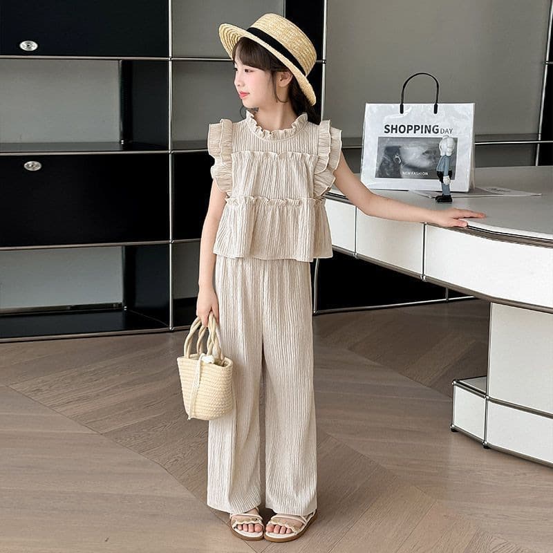 Girls Summer Thin Feifei Sleeve T-shirt Wide Leg Pants Two-piece Set 2026 New Korean Style Casual Suit for Middle and Large Children