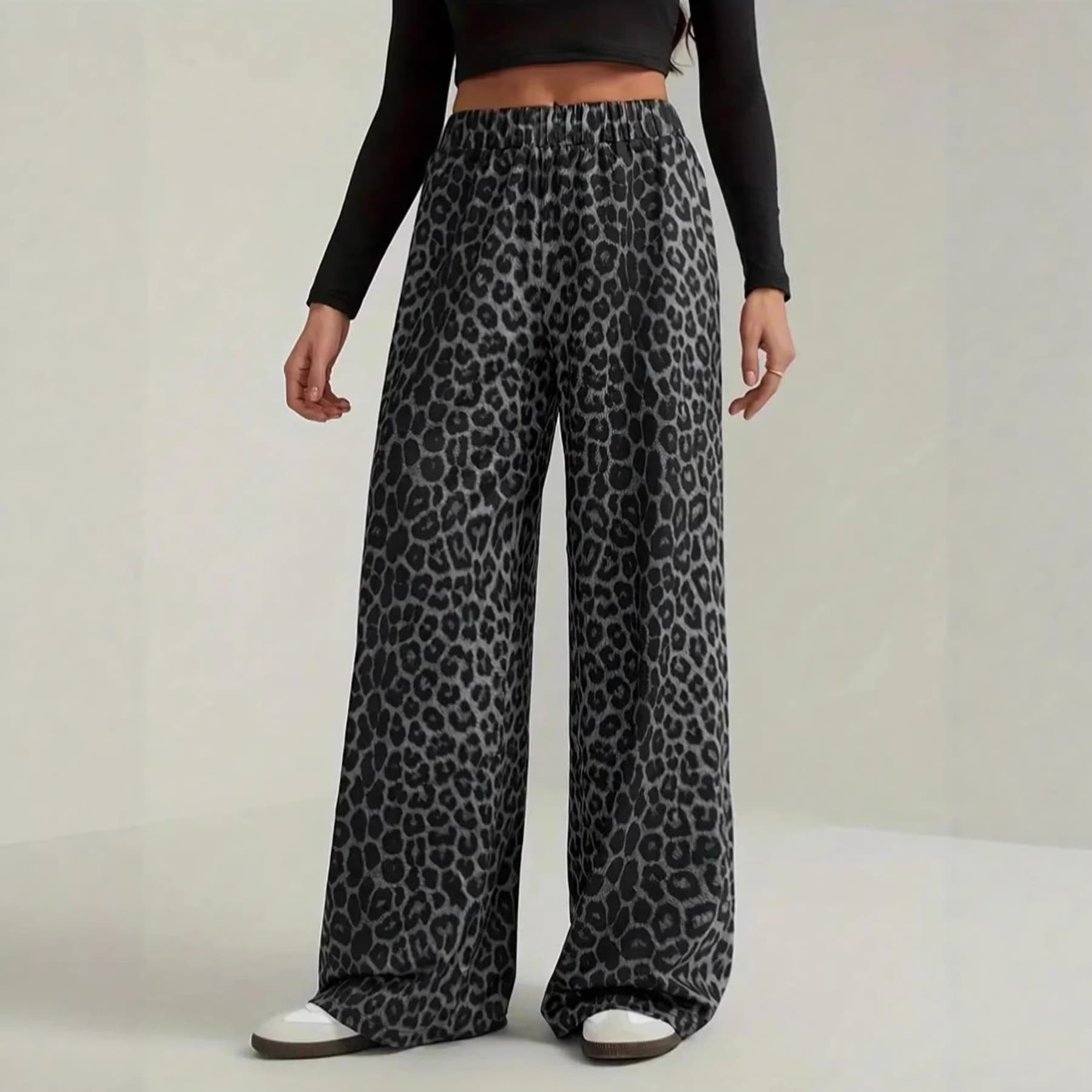 Cross-border foreign trade Amazon Europe and America 2026 new women's trousers leopard print casual pants elastic waist loose wide leg pants