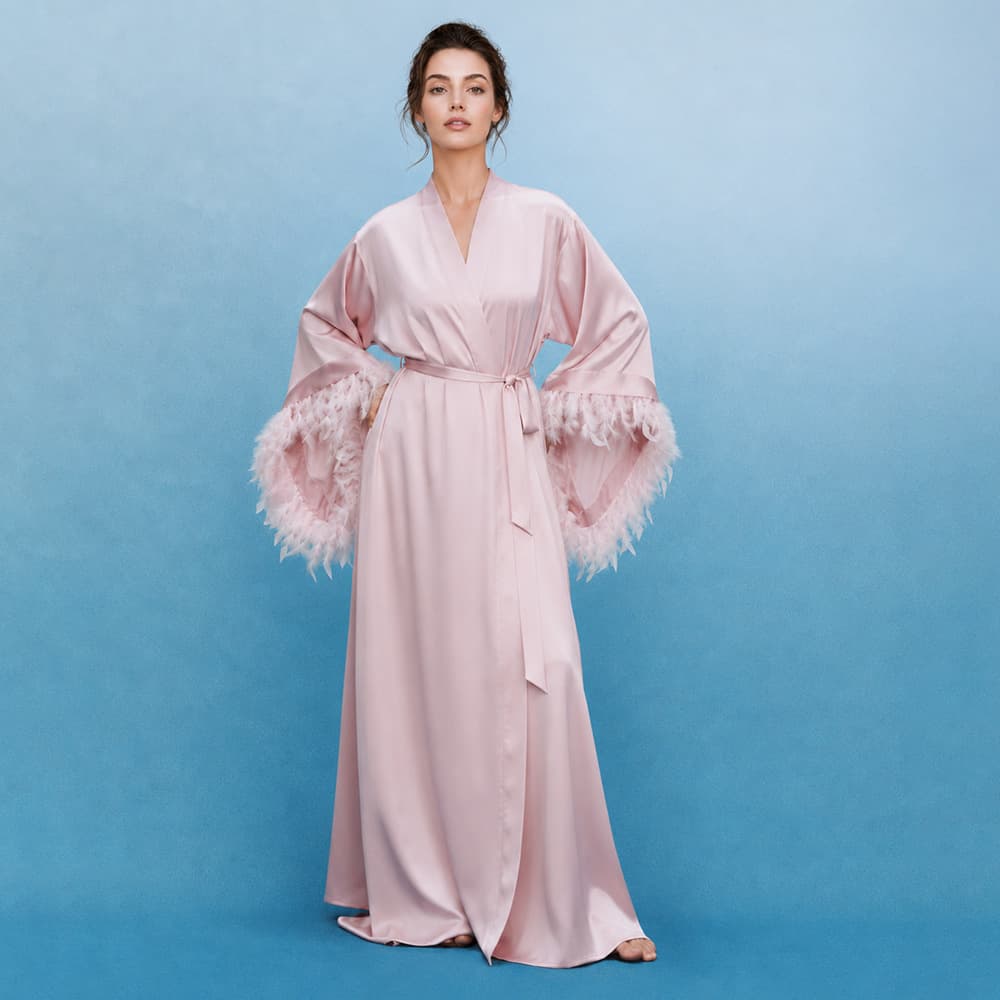 Cross-border nightgown women's long nightgown Valentine's Day high-end feather light luxury dressing gown pajamas nightdress nightgown