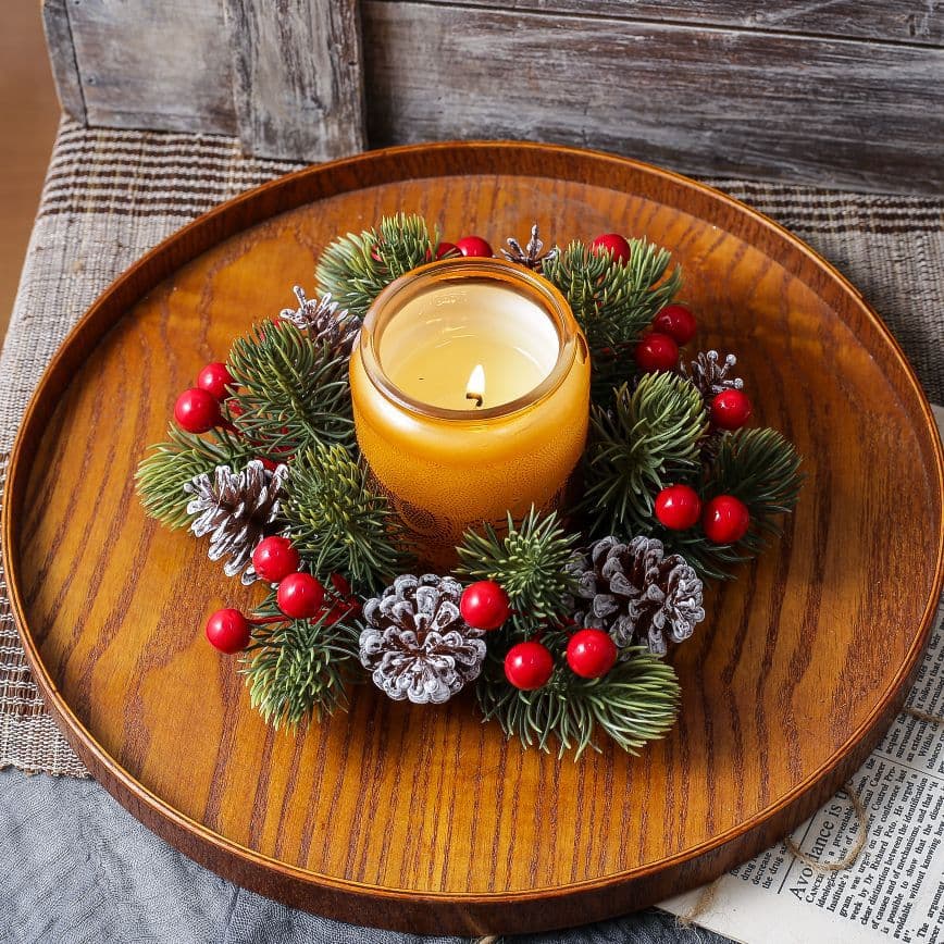 New Christmas Decorative Wreath with Simulated Pine Needles, Pinecones, Red Berries, and Candle Holder Ring for Holiday Decor