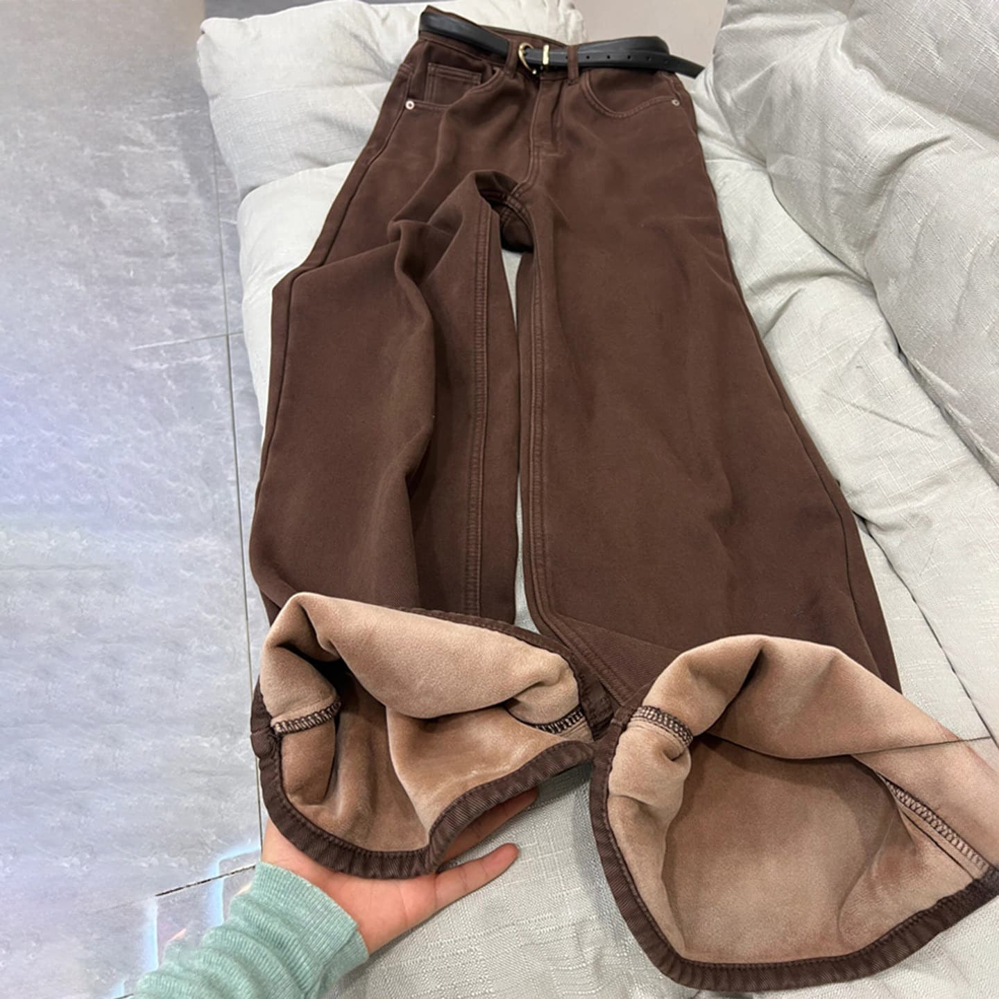 Brown Fleece-Lined Wide-Leg Jeans for Women 2025 Trendy Versatile New Fall/Winter High-Waist Loose Straight-Leg Pants for Petite