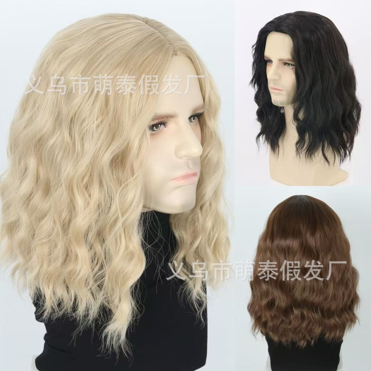 Manufacturer's Ready-Made Foreign Trade Men's Hair Golden Hand-Rolled Men's Hair Fluffy Natural Middle-Parted Men's Hair Naturally Curly Medium-Length Men's Hair
