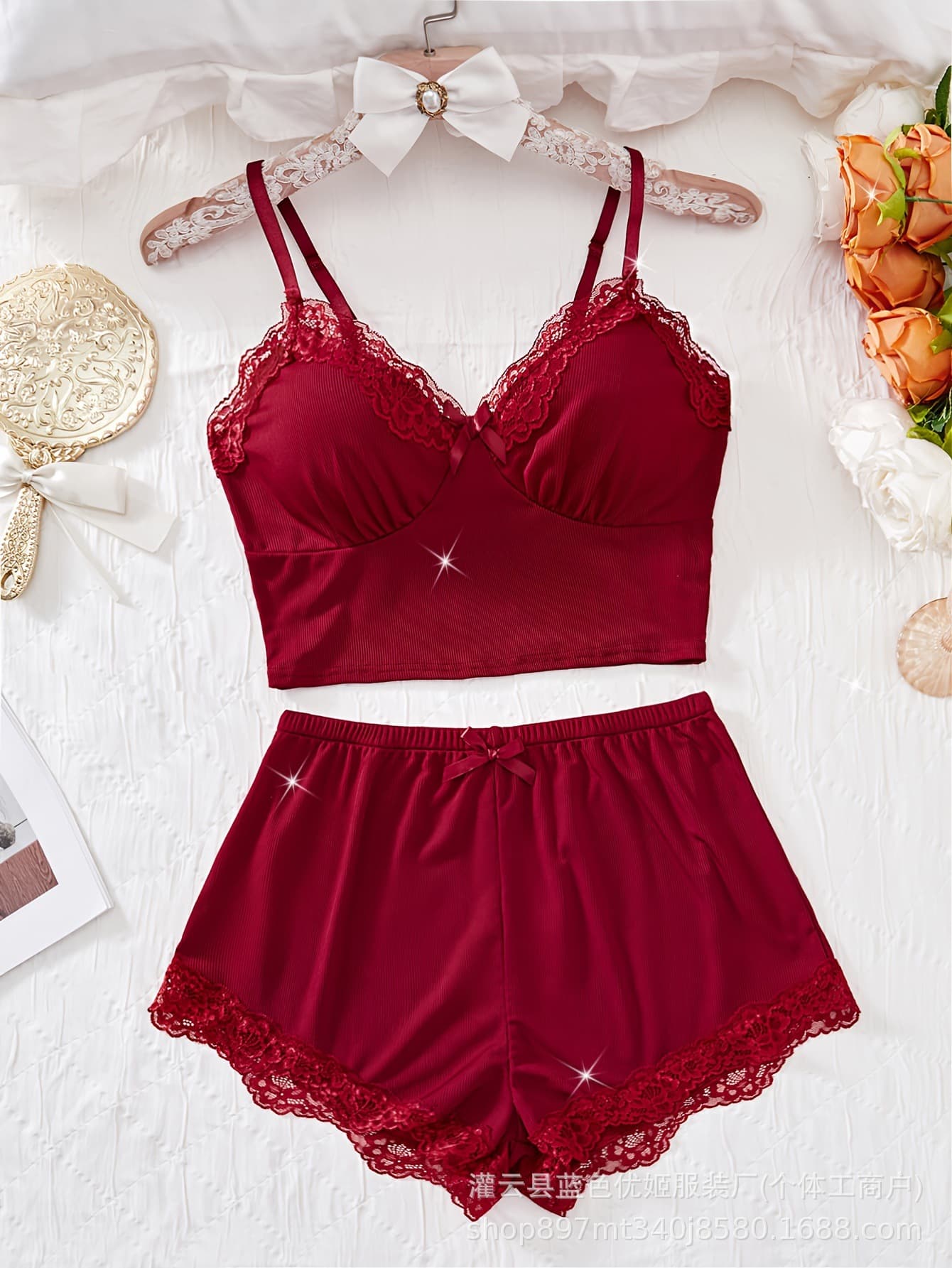 New Cross-Border Strappy Shorts Pajama Set for Women, Sexy Ribbed Lace V-Neck Loungewear, Factory Direct