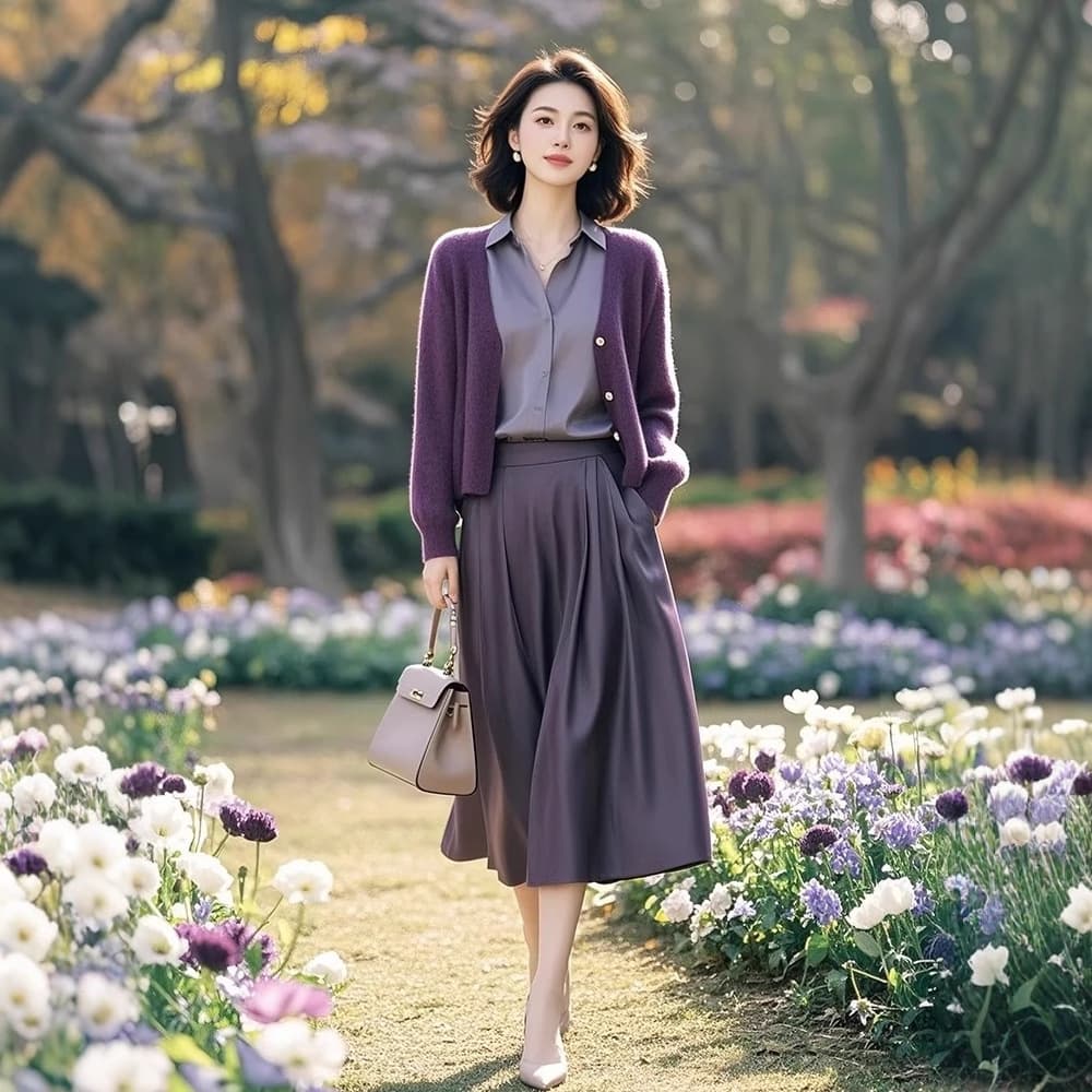 Spring Fashionable Purple Knit Cardigan and Skirt Two-Piece Set for Women
