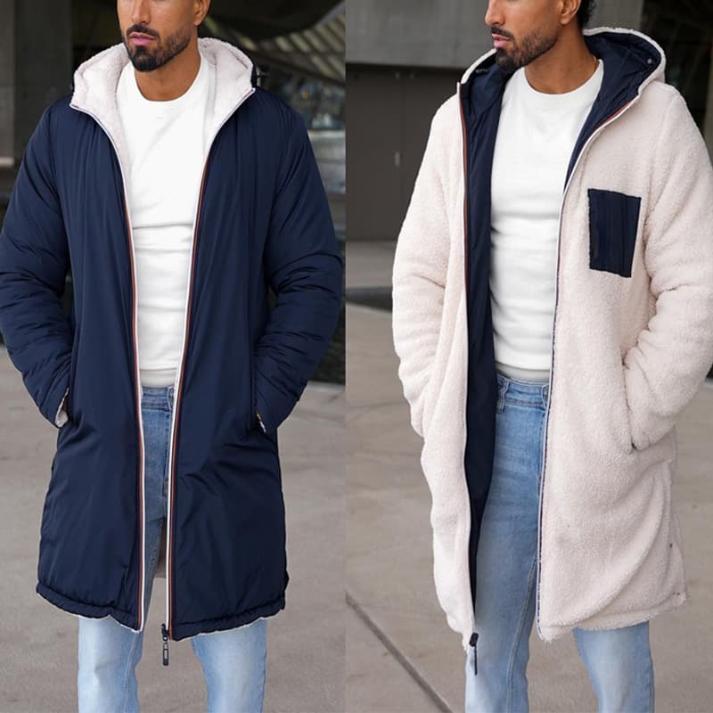 Cross-Border Europe & America Amazon Reversible Autumn/Winter Hooded Two-Sided Wear Zipper Coat Color-Block Warm Trench Coat Men's Outerwear