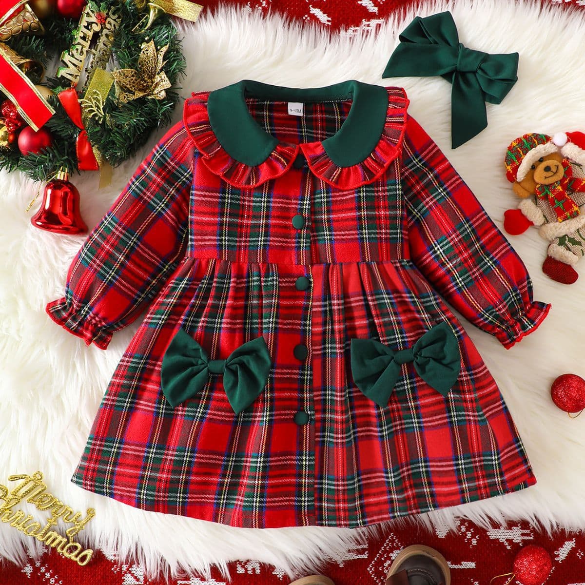 Cross-border Christmas baby girl long-sleeved dress with headband and bow, plaid princess dress, factory direct sales.