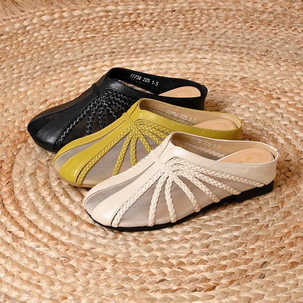 Beautifully Crafted Women's Summer Mules with Top-Layer Cowhide Leather and Mesh Hollow-Out Stitching, Breathable Low-Heel Outdoor Comfortable Sandals