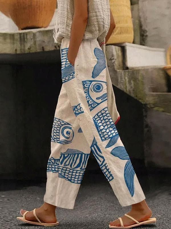 Women's Fish Print Tie Waist Pants Boho Casual Comfy