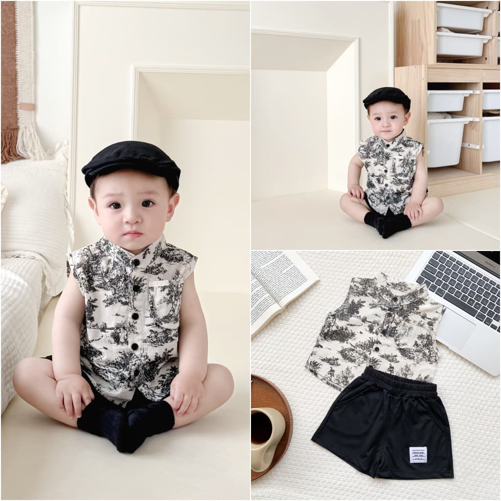 Infant Baby Sleeveless Shirt Summer Baby Boy Stand Collar Shirt Chinese Style Cotton Top Ink Painting Trend