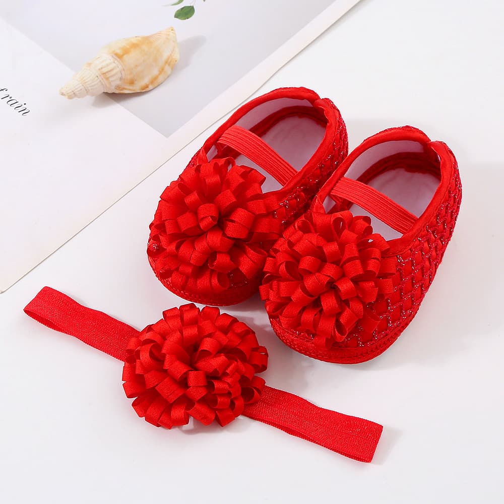 New baby shoes hair band suit 0-1 years old soft bottom toddler shoes cute flower princess shoes red dress shoes