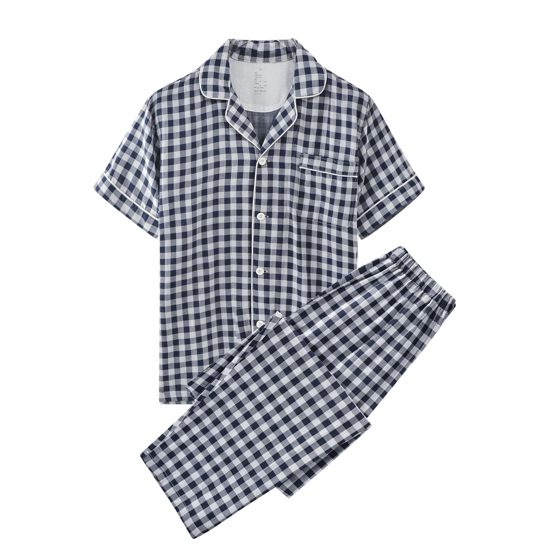 Cotton double-layer gauze Muji-style plaid solid color couple pajamas spring summer short sleeve loungewear