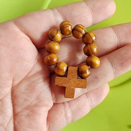 Pine Wood Bead Ring Chain Rosary Cross Finger Ring Catholic Handmade Beaded