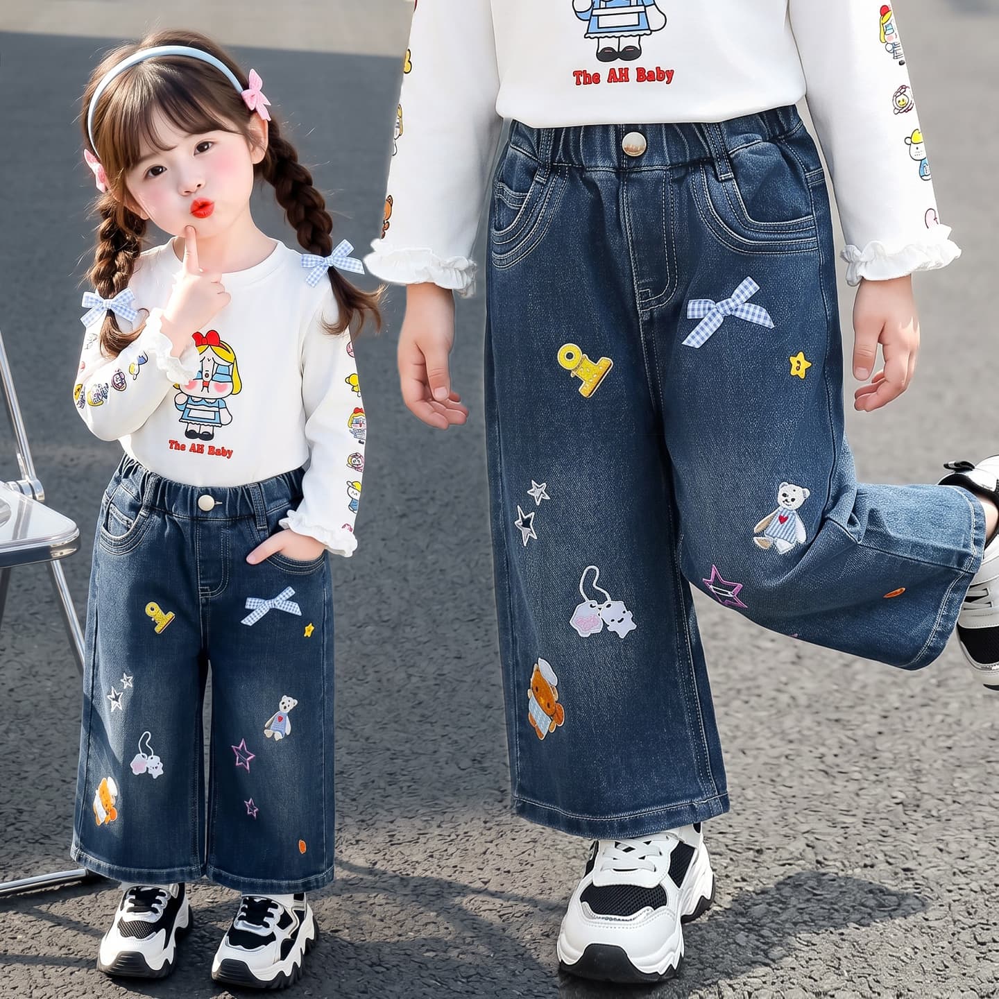 Girls jeans spring and autumn 2026 new children's style little girl printed autumn casual straight long pants