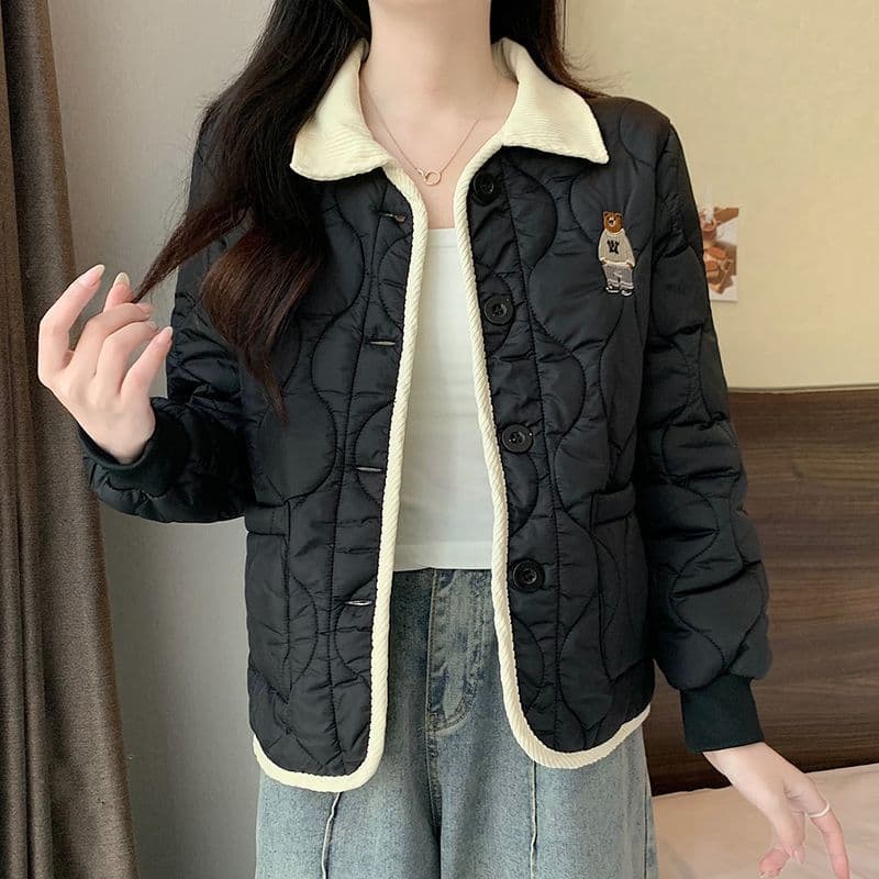Windproof and Waterproof Korean-style Embroidered Bear Cotton Jacket, Autumn/Winter 2025 New Short Quilted Padded Coat
