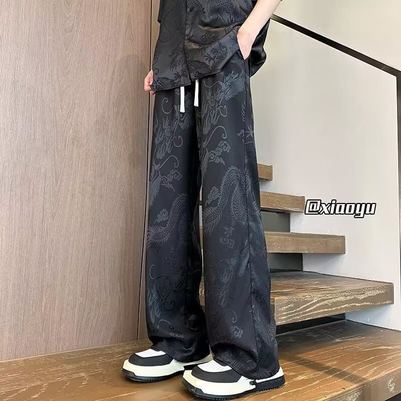 New Chinese Style Dragon Pattern Ice Silk Pants Men 2026 Autumn Drape Couple Wide Leg Pants Loose Casual Sports Pants