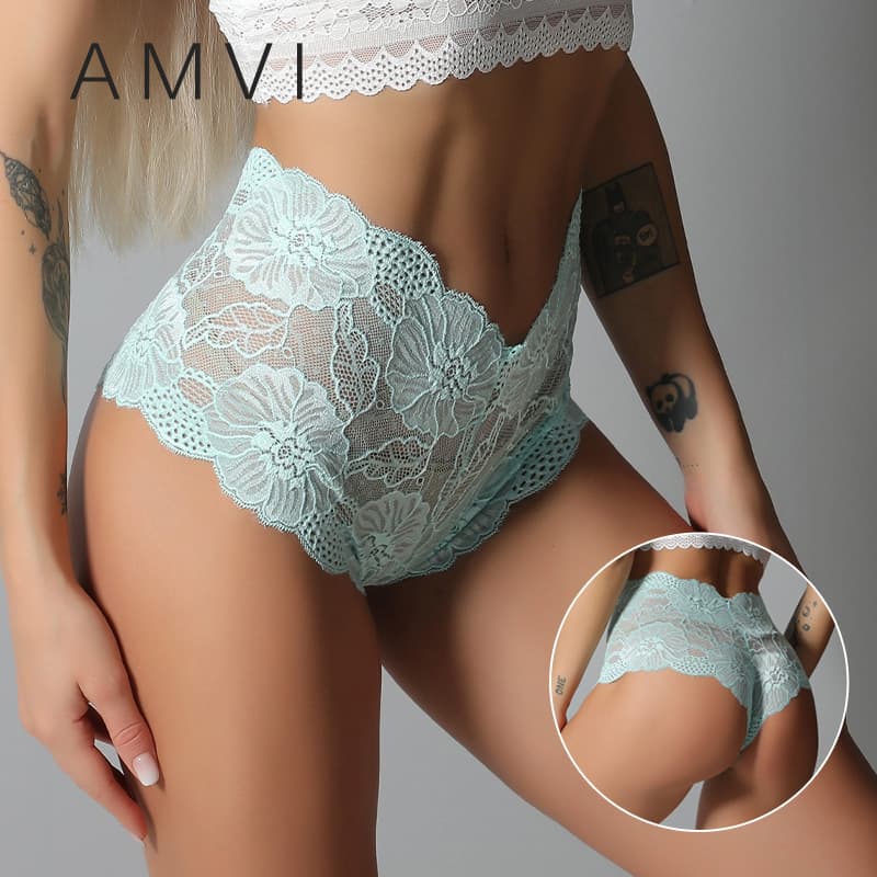 Mid-Waist Sexy Lace Women's Underwear, Cotton Crotch, Hollow-Out, Lightweight & Breathable, Cross-Border Solid Color Plus Size Boxer Shorts, Foreign Trade