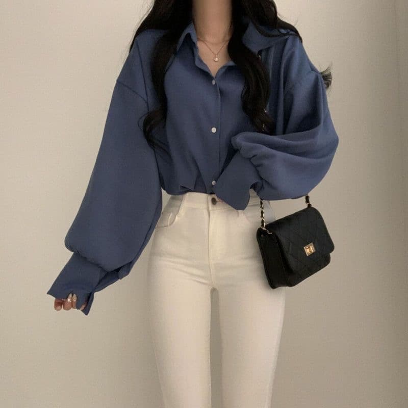 Puff Sleeve Elegant V-Neck Professional White Blouse for Women, Designer Spring/Fall Plus Size Inner Layering Top Shirt