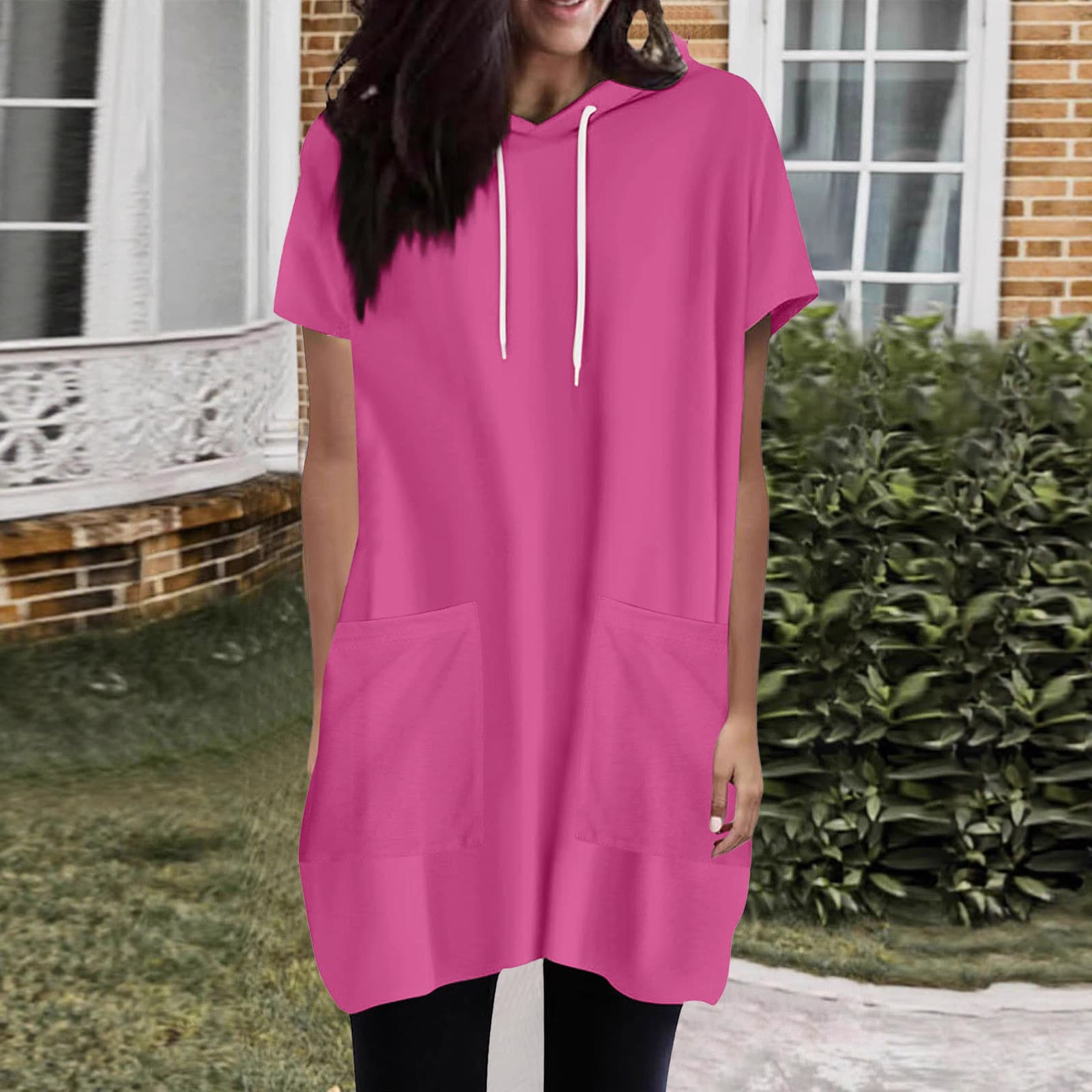 Women's solid color hooded short-sleeved T-shirt with drawstring, loose top with pockets, short-sleeved hooded top