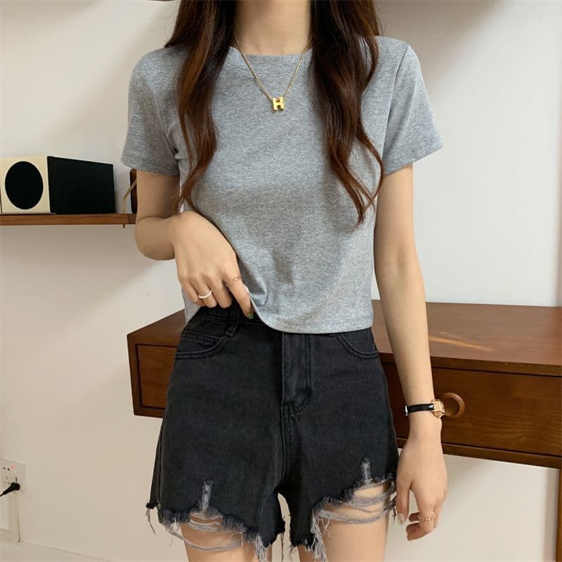 Basic Solid Color Round Neck Short Sleeve T-Shirt for Women, Petite Summer New Korean Style Fitted Half Sleeve High Waist Top Short