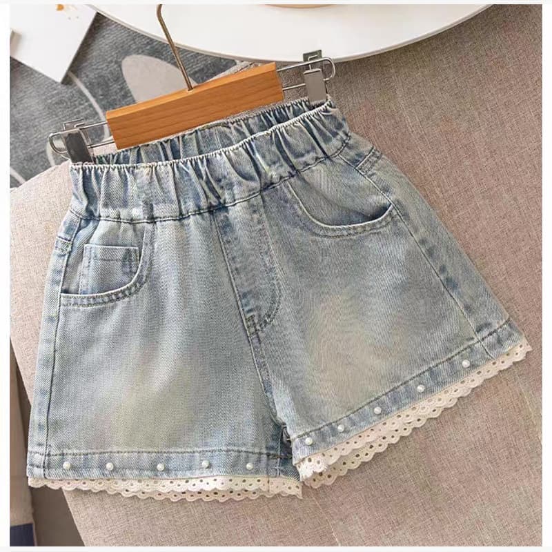 Girls' Denim Shorts Summer Thin Style 2026 New Summer Outfit Girls' Lace Pearl Outerwear Children's Pants Trendy