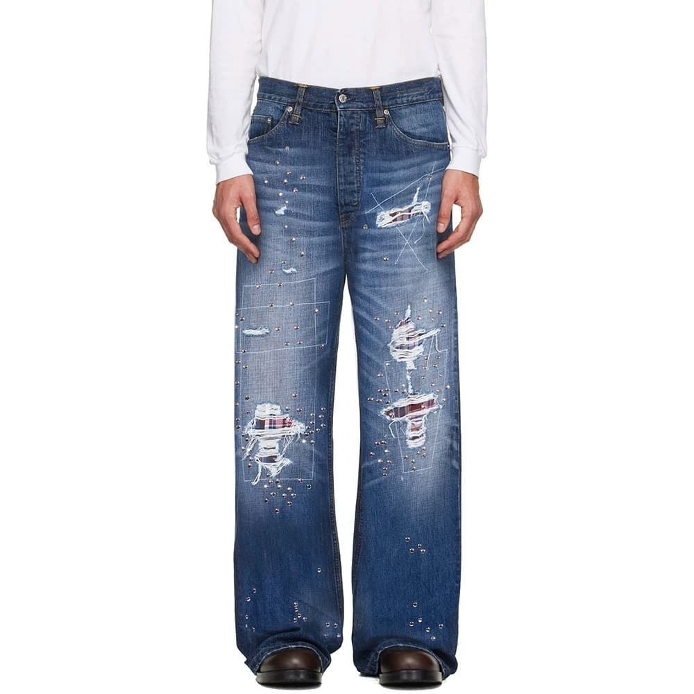 BAGGY destroyed patch design rivet jeans for men and women slimming street straight loose trousers