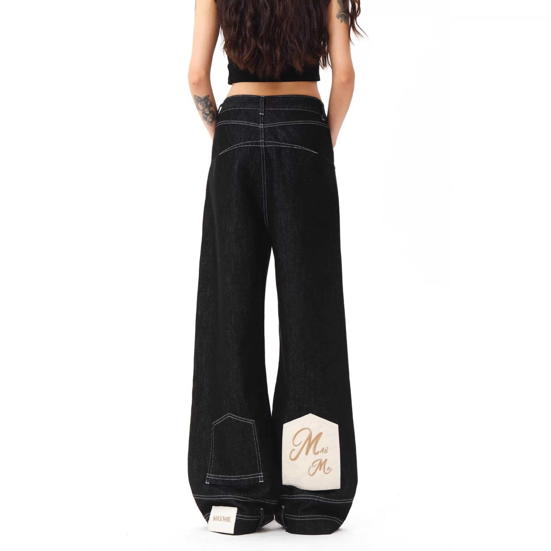 Black-Gray Diagonal Cut American High Waist Wide Leg Jeans for Women, Floor-Length Design Sense Retro Washed Loose Straight Leg Long Pants