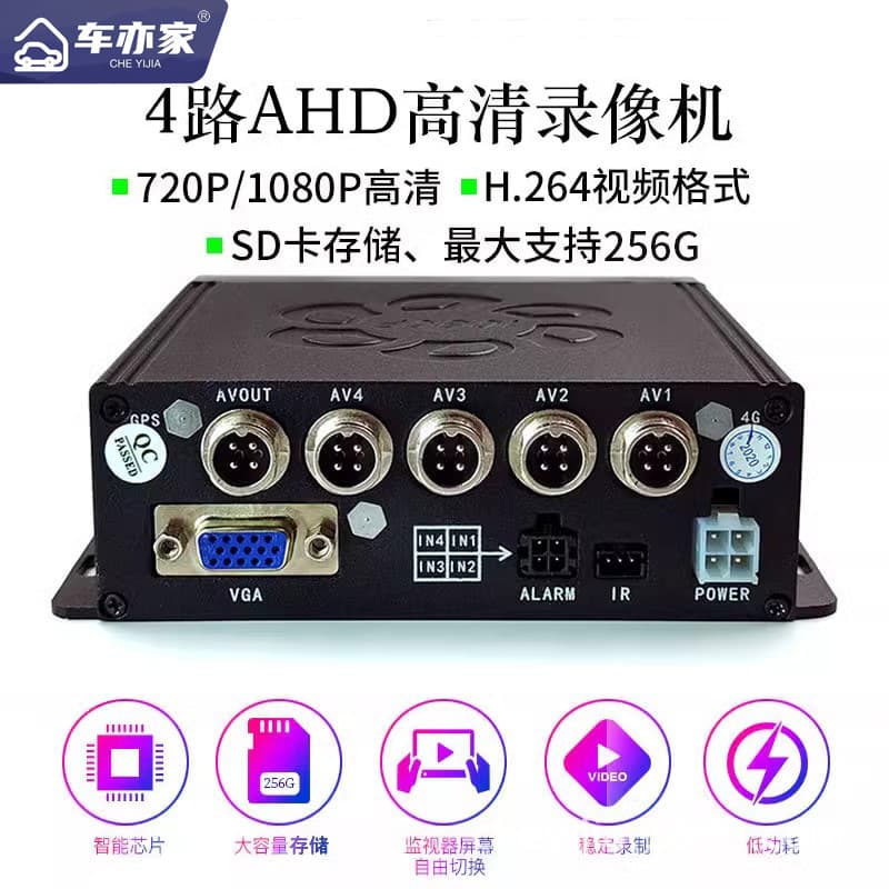 Vehicle SD Card 4-Channel AHD Recorder Quad-View Surveillance Dash Cam HD Truck Bus MDVR Recording System