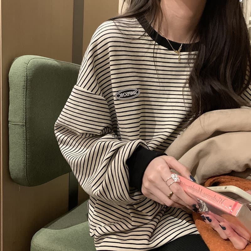 Striped T-shirt bottoming shirt for women 2024 autumn new round neck long-sleeved sweatshirt for women Korean style tops women's foreign trade