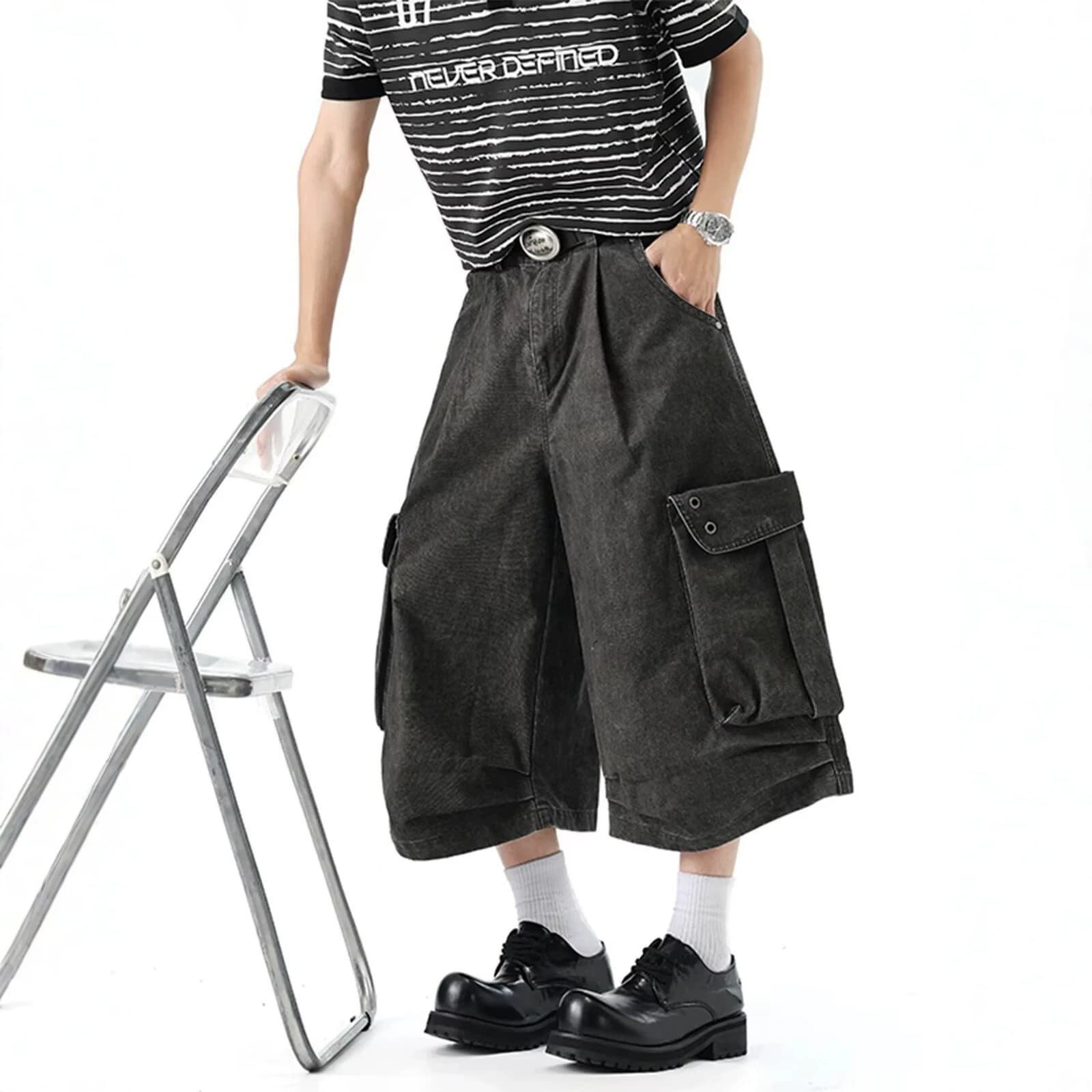 American Cargo Style Black Multi-Pocket Wide-Leg Pants Unisex Loose Capri Pants Pleated Design Denim Pants Trend